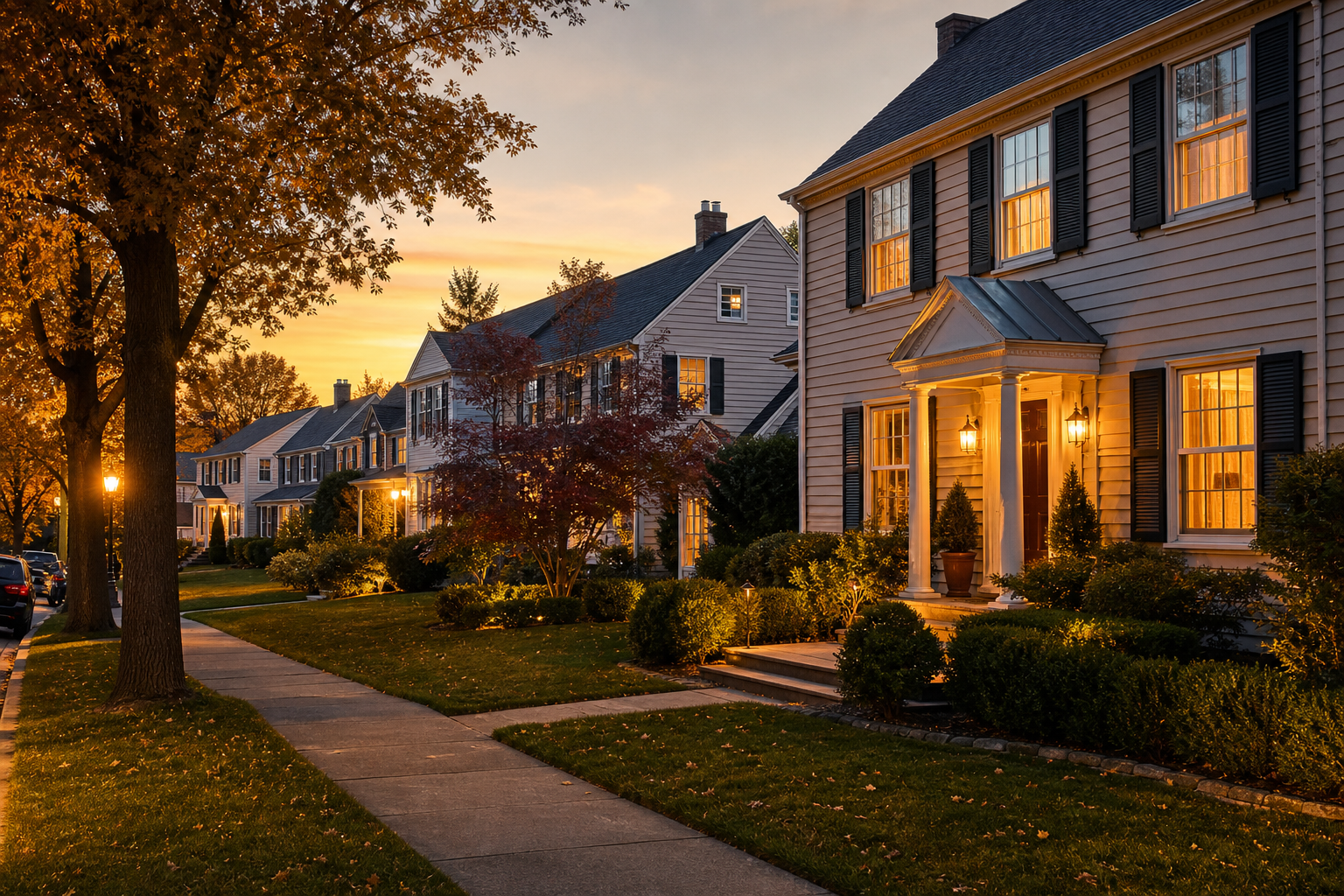 South Jersey neighborhood of colonial homes at dusk