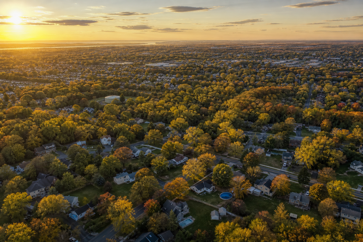 Tree lined South Jersey street at golden hour